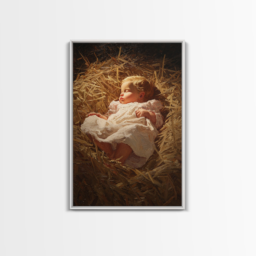 Silent Straw Light, Framed Canvas Print, Christian Art Canvas, Christmas Wall Art, Jesus Painting Canvas, Christian Christmas Art, Christia