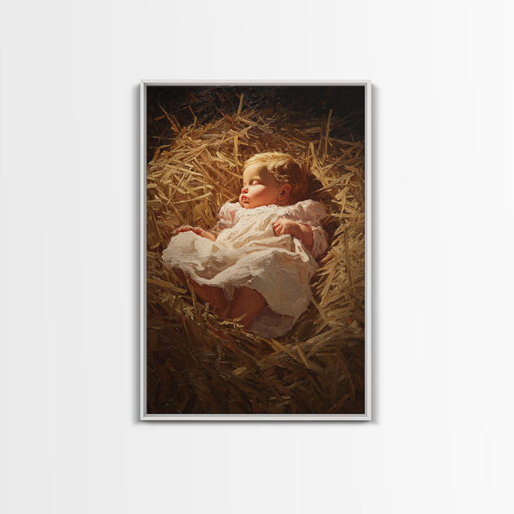 Silent Straw Light, Framed Canvas Print, Christian Art Canvas, Christmas Wall Art, Jesus Painting Canvas, Christian Christmas Art, Christia