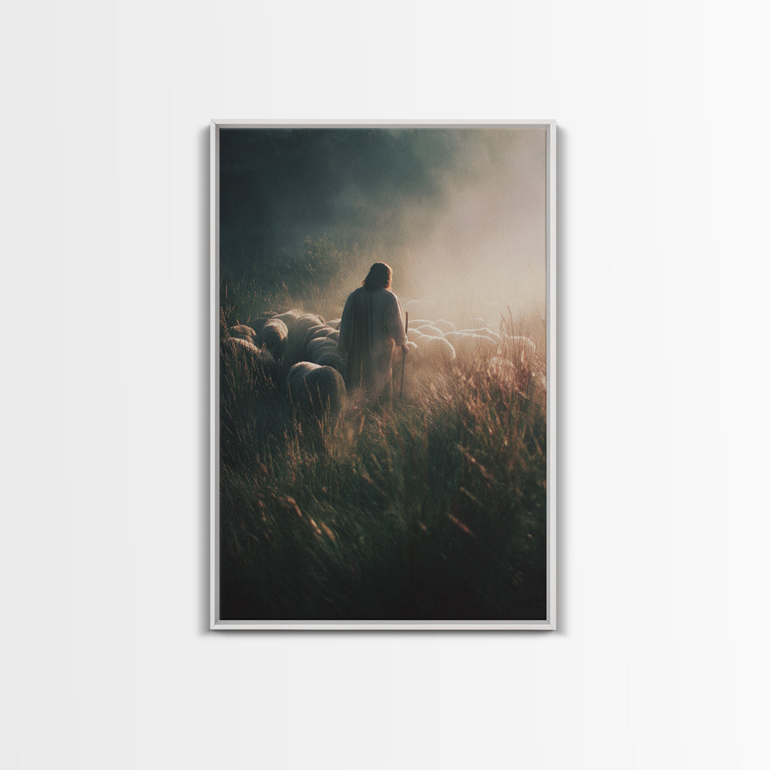 Morning Flock Peace | Framed Canvas Print | Jesus Painting | Christian Christmas Art | Christian Art Canvas | Moody Christian Art | Christi