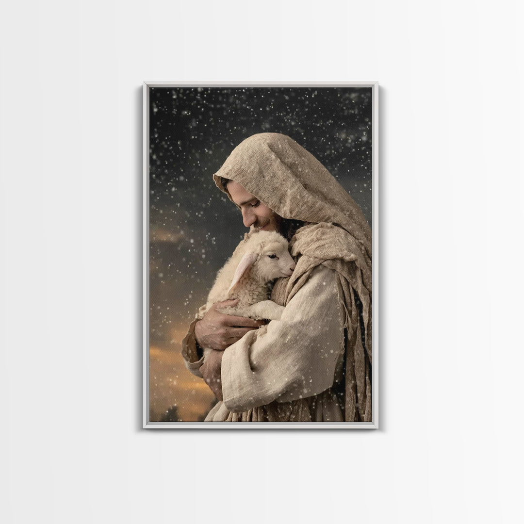 Shepherd’s Embrace – Framed Canvas Print – Jesus Painting – Christian Wall Art – Christian Art Canvas – Christian Art Print – Christian Gif