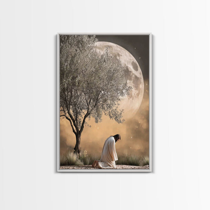 Moonlit Supplication, Framed Canvas Print, Jesus Canvas Art, Christian Wall Art, Modern Christian Art, Christian Art Canvas, Christian Gift