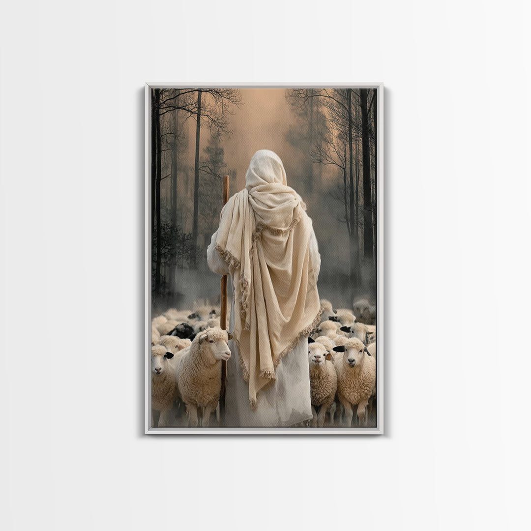 Guardian Of The Flock – Framed Canvas Print – Jesus Painting – Christian Wall Art – Large Jesus Painting – Christian Art Canvas – Christian