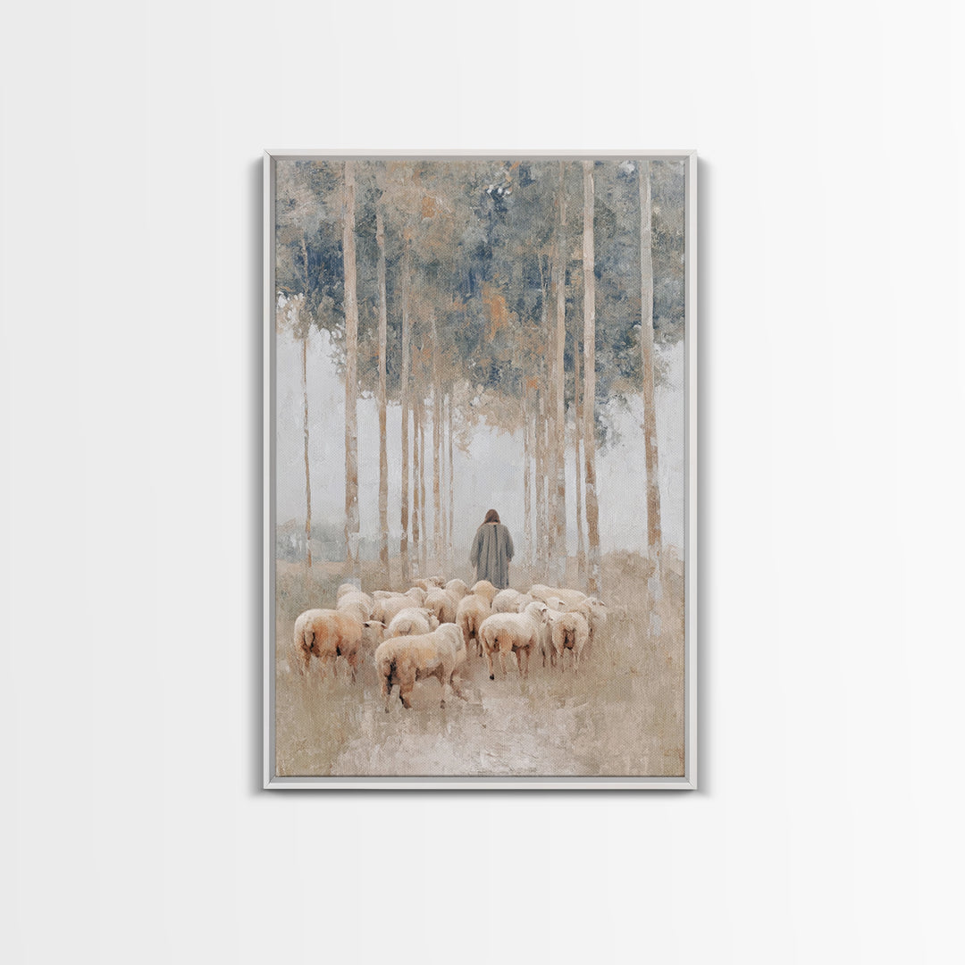 Woodland Shepherd Light – Framed Canvas Print – Christian Art Canvas – Christian Wall Art – Modern Christian Painting – Pastoral Scenery –