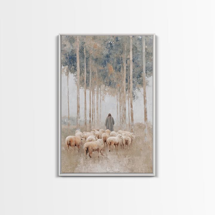 Woodland Shepherd Light – Framed Canvas Print – Christian Art Canvas – Christian Wall Art – Modern Christian Painting – Pastoral Scenery –