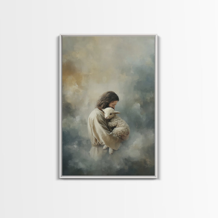 Arms Of The Shepherd – Framed Canvas Print – Jesus Painting – Christian Art Canvas – Christian Wall Art – Christian Christmas Art – Subtle