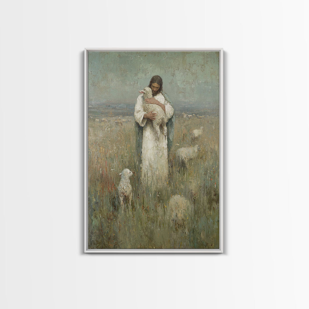 Gentle Shepherd Light, Framed Canvas Print, Christian Wall Art, Jesus Painting, Christian Art Canvas, Christian Gift Ideas, Vintage Christi