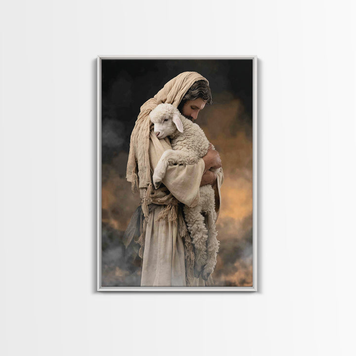 Tender Lamb Embrace, Framed Canvas Print, Jesus Painting, Christian Art Print, Christian Wall Art, Large Christian Painting, Christian Deco