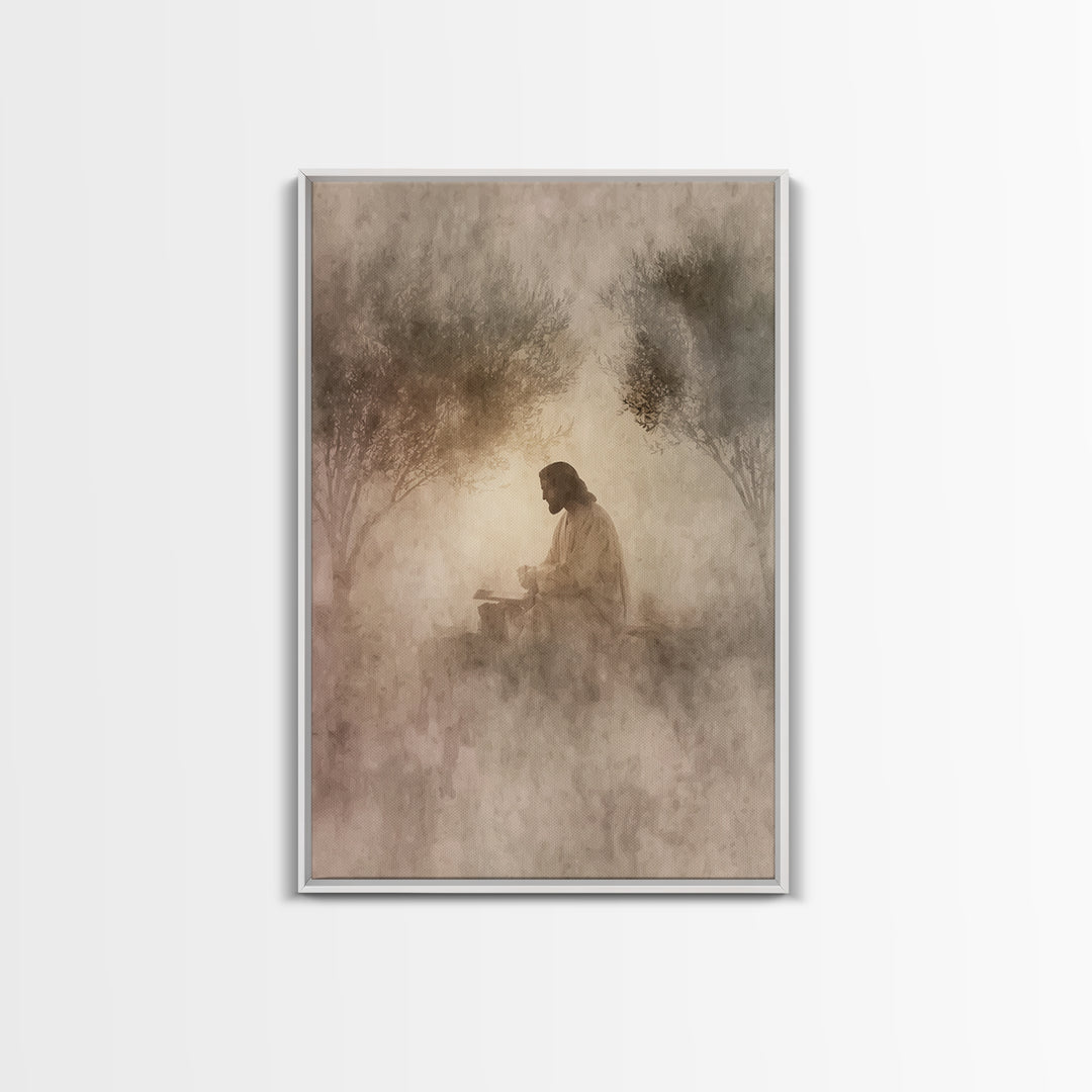 Quiet Olive Dawn, Framed Canvas Print, Christian Art Canvas, Modern Christian Art, Jesus Painting, Christian Wall Art, Christian Gift Ideas
