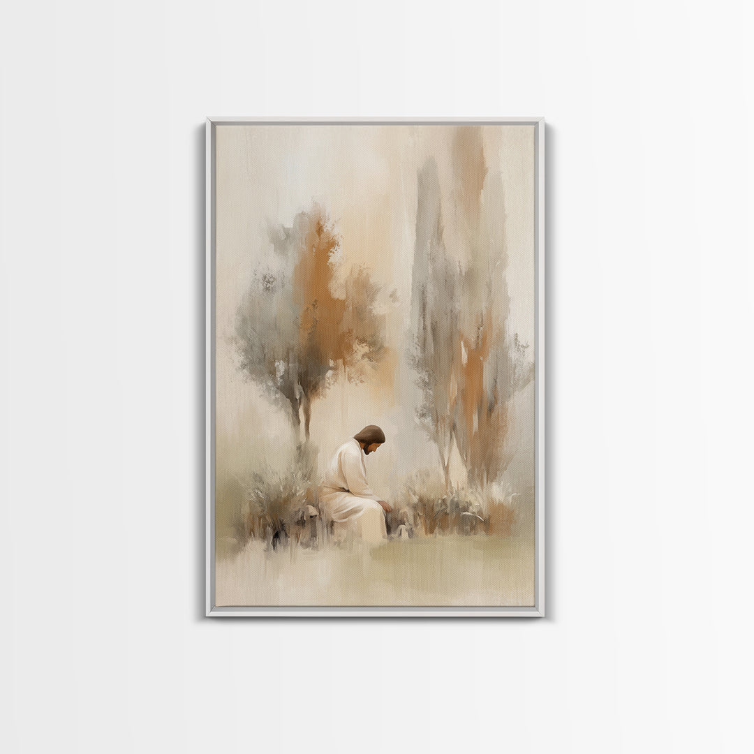 Stillness And Grace, Framed Canvas Print, Minimalist Christian Art, Christian Wall Art, Jesus Painting, Christian Art Print, Unique Christi