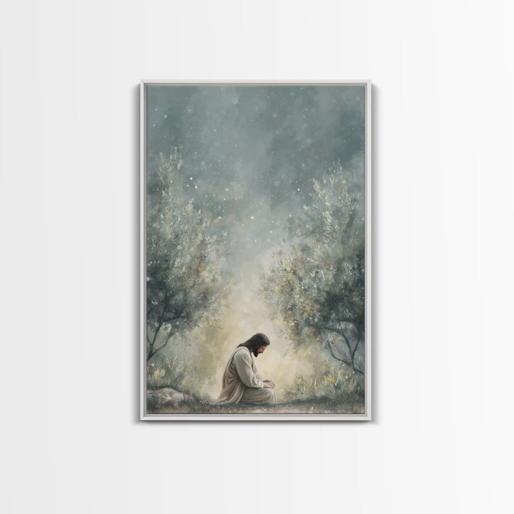 Olive Grove Reverence, Framed Canvas Print, Christian Art Canvas, Subtle Christian Art, Christian Wall Art, Jesus Painting, Christian Gift