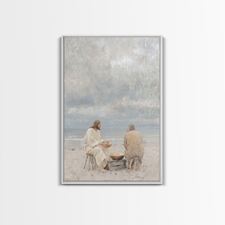 Shoreline Quiet Bread, Framed Canvas Print, Jesus Painting, Christian Wall Art, Christian Art Canvas, Christian Decor, Minimalist Christian