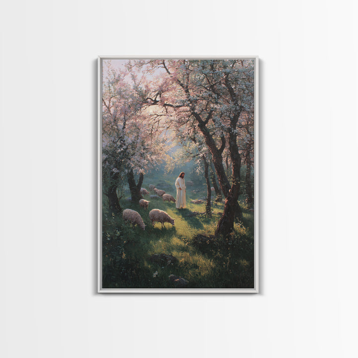 Spring Shepherd Path | Framed Canvas Print | Christian Art Canvas | Christian Wall Art | Jesus Painting | Christian Decor | Pastoral Scener