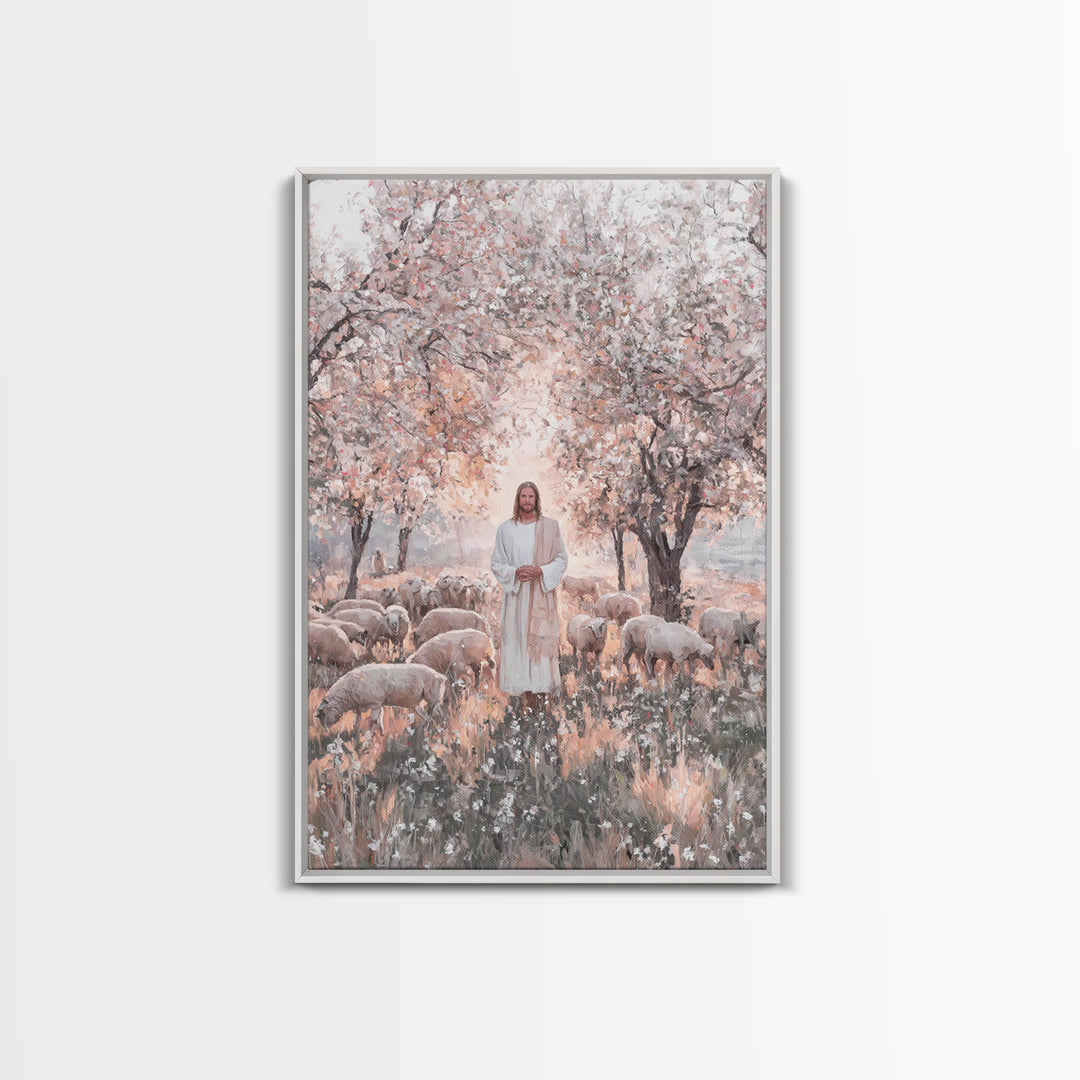 Garden Blossom Shepherd – Framed Canvas Print – Christian Wall Art – Christian Art Canvas – Jesus Painting – Christian Decor – Pastoral Sce
