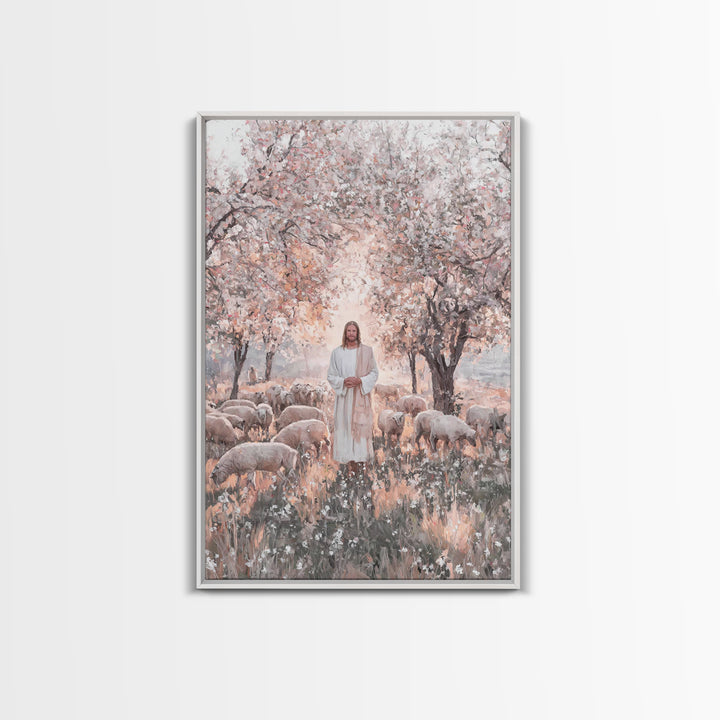 Garden Blossom Shepherd – Framed Canvas Print – Christian Wall Art – Christian Art Canvas – Jesus Painting – Christian Decor – Pastoral Sce