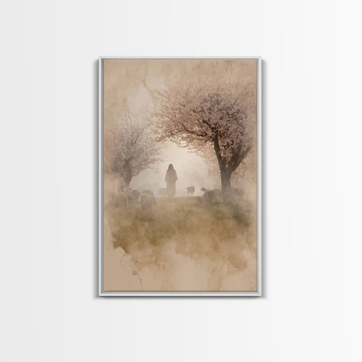 Dawn Shepherd Silhouette | Framed Canvas Print | Christian Wall Art | Christian Art Canvas | Jesus Painting | Subtle Christian Art | Christ