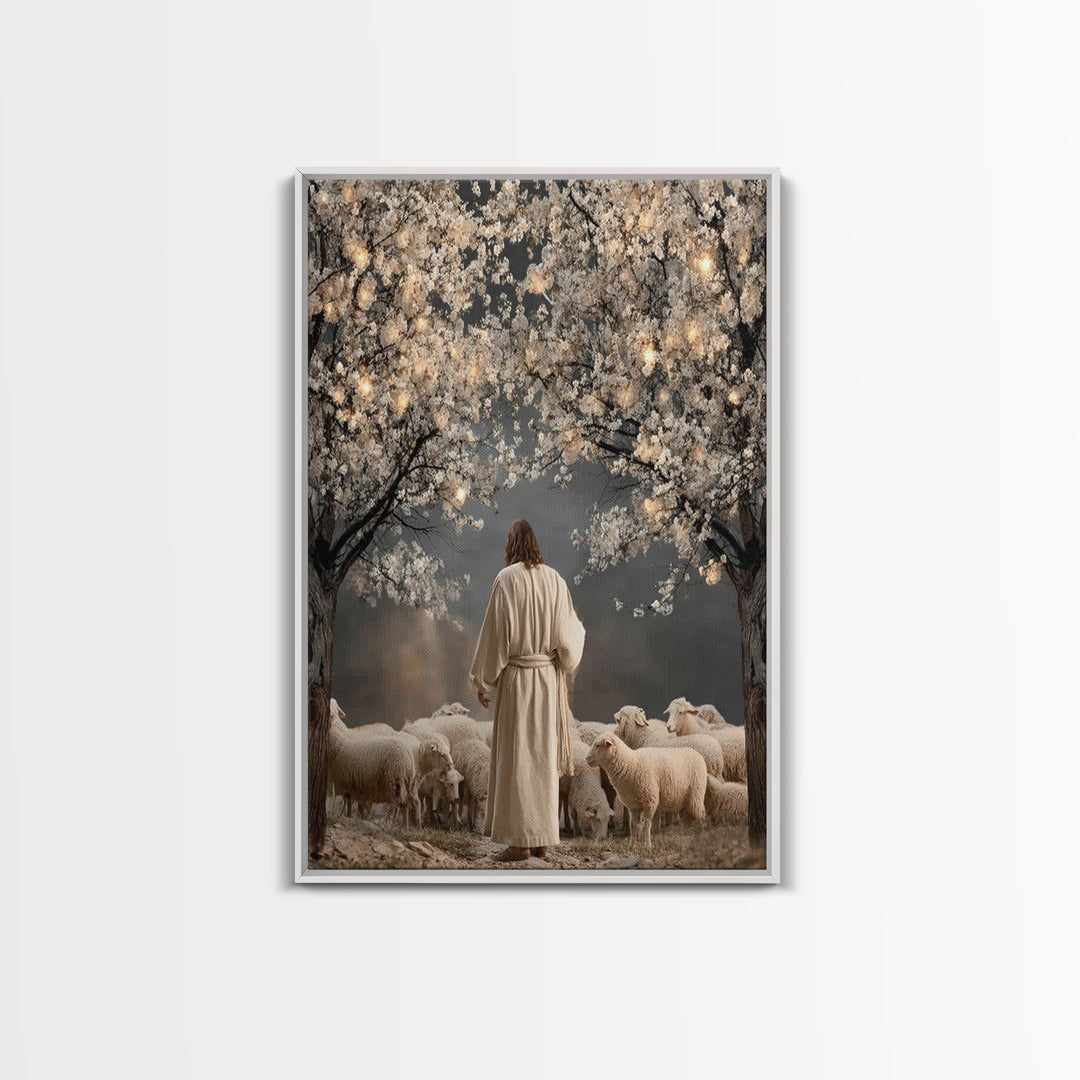 Lantern Blossom Night | Framed Canvas Print | Christian Wall Art | Jesus Painting | Christian Christmas Art | Christian Art Canvas | Moody