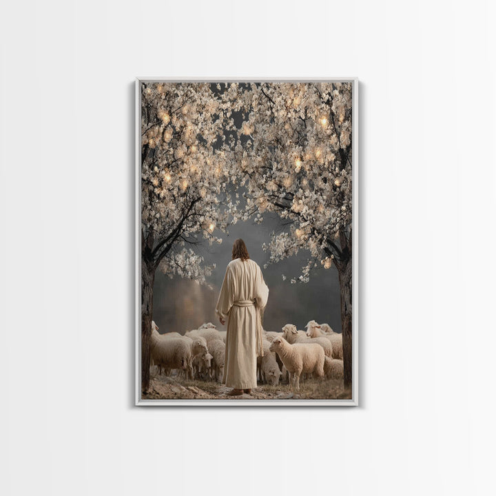 Lantern Blossom Night | Framed Canvas Print | Christian Wall Art | Jesus Painting | Christian Christmas Art | Christian Art Canvas | Moody