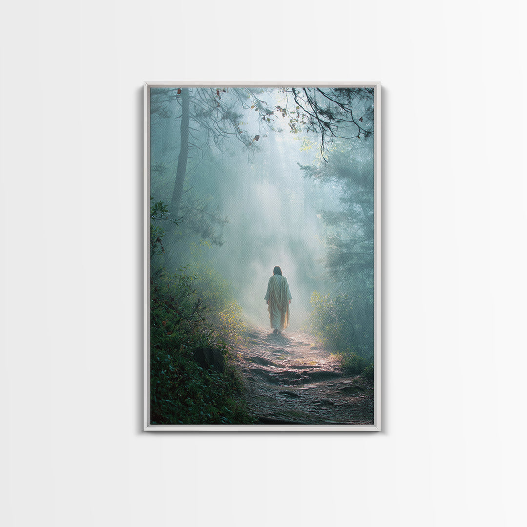 Forest Dawn Walk – Framed Canvas Print – Christian Wall Art – Christian Art Canvas – Jesus Painting – Moody Christian Art – Christian Decor