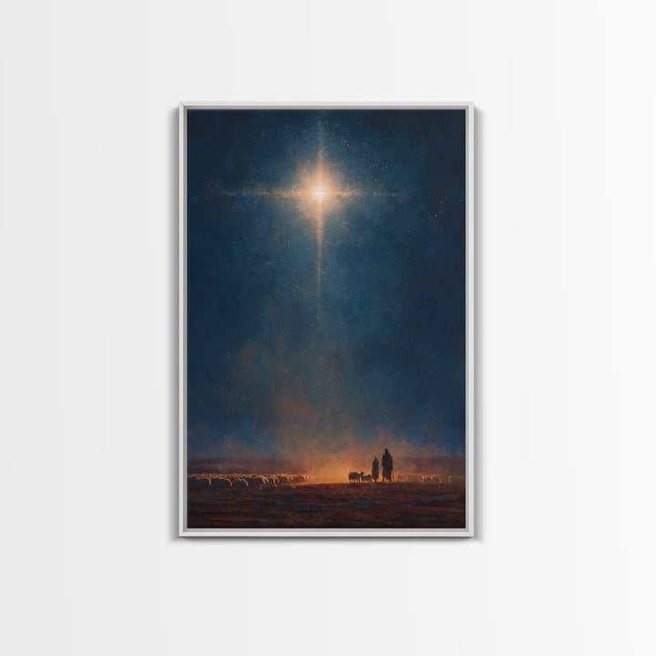 Night Of Glory – Framed Canvas Print – Christmas Wall Art – Christian Art Canvas – Moody Christmas Art – Christian Christmas Art