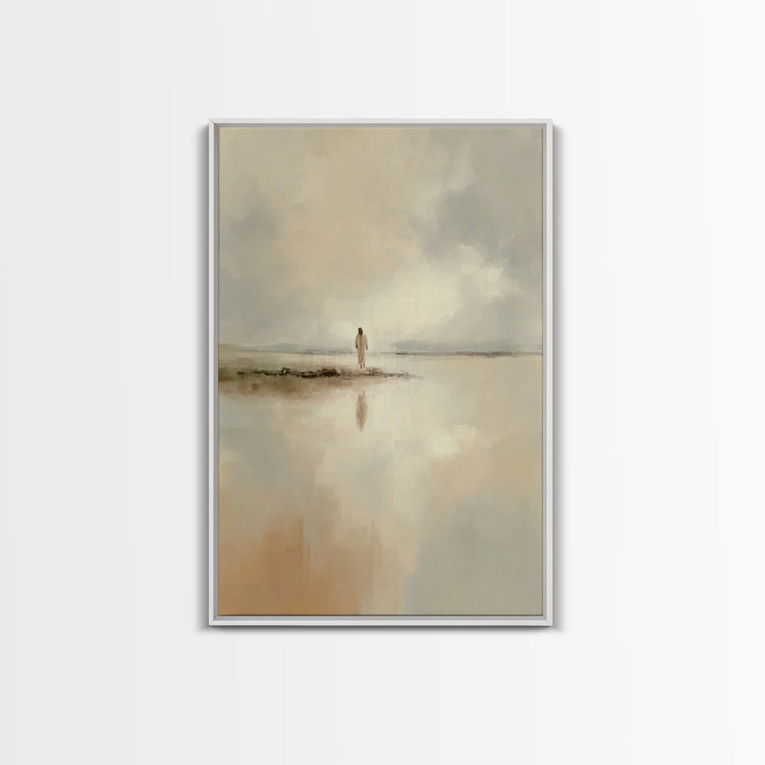 Shoreline Peace Walk - Framed Canvas Print - Christian Art Painting - Jesus Wall Art - Minimalist Christian Art - Christian Christmas Decor