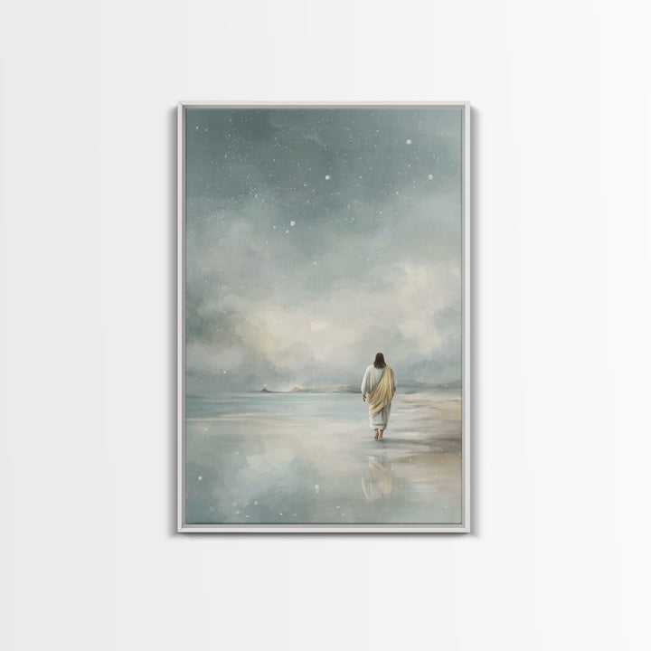 Snowy Shore Grace – Framed Canvas Print – Christian Art Canvas – Christian Wall Art – Subtle Christian Art – Jesus Painting – Christian Chr