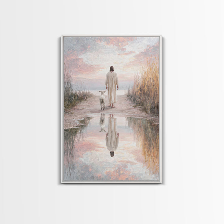 Misty Shepherd Calm, Framed Canvas Print, Christian Wall Art, Jesus Canvas Art, Minimalist Christian Art, Subtle Christian Paintings, Chris