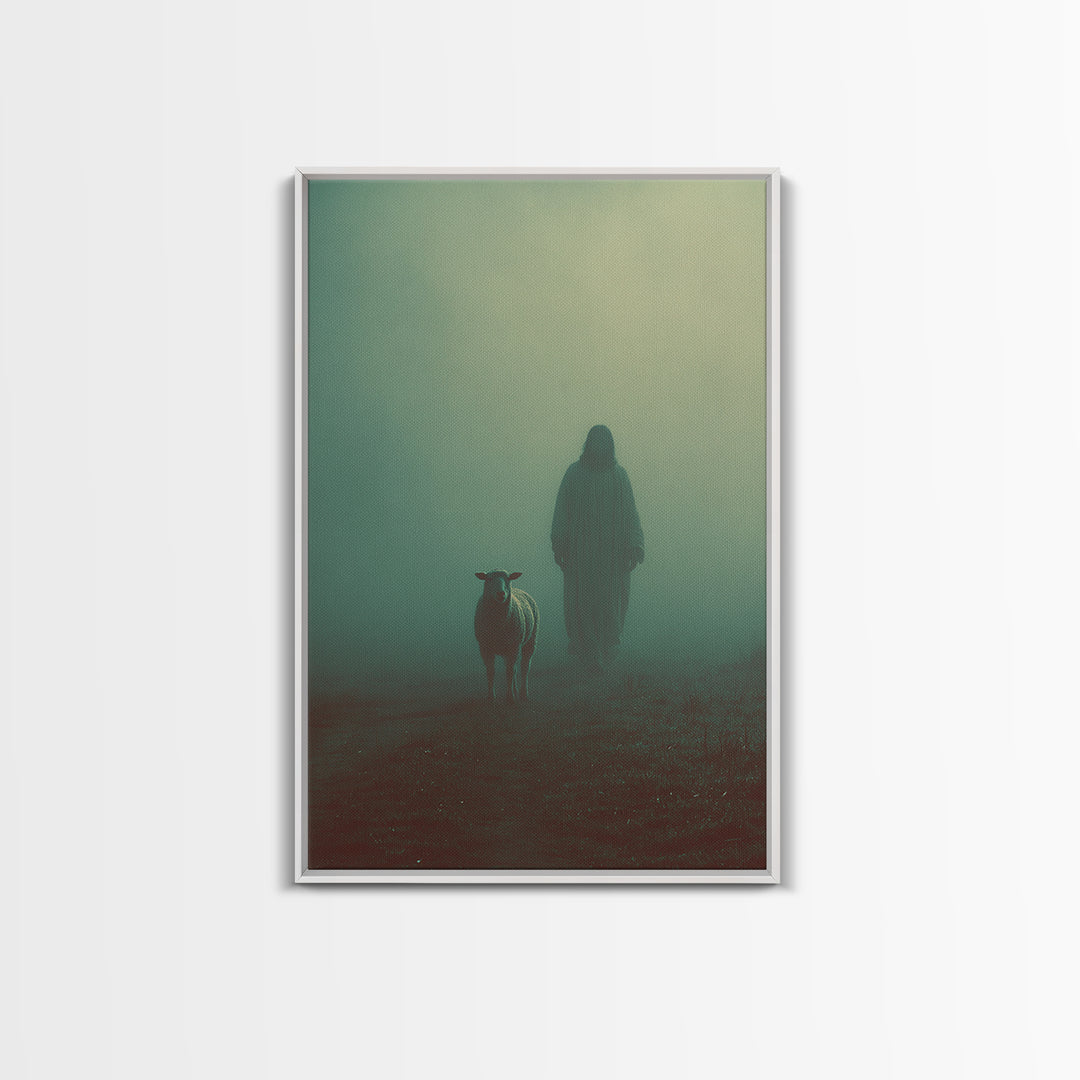 Shepherd In Mist – Framed Canvas Print – Christian Wall Art – Jesus Painting – Moody Christian Art – Christian Art Canvas – Christmas Art