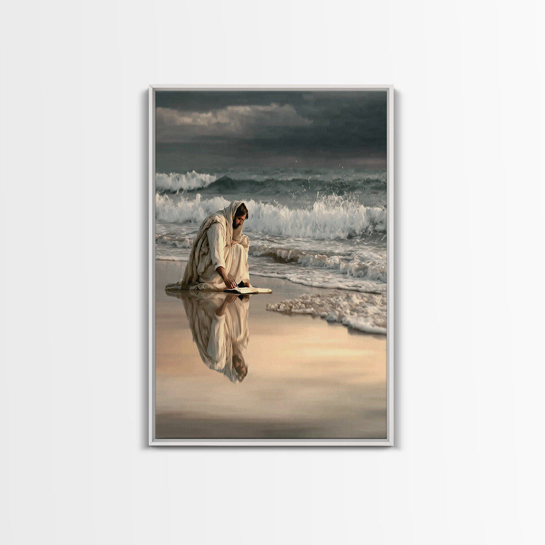 Shoreline Of Rest, Framed Canvas Print, Christian Wall Art, Jesus Painting, Christian Art Canvas, Moody Christian Art, Large Jesus Painting