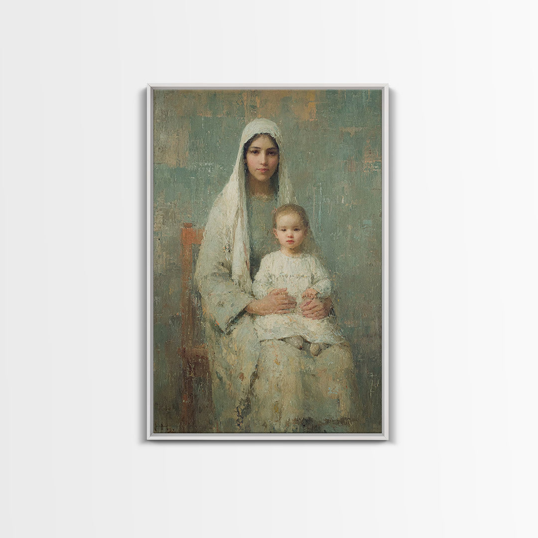 Serene Motherhood, Framed Canvas Print, Christian Wall Art, Christian Art Canvas, Mary And Jesus Painting, Subtle Christian Art, Christian