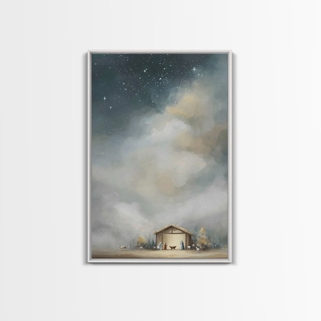 Starry Holy Night – Framed Canvas Print – Christmas Art – Christian Christmas Art – Framed Christmas Wall Art – Christian Decorations