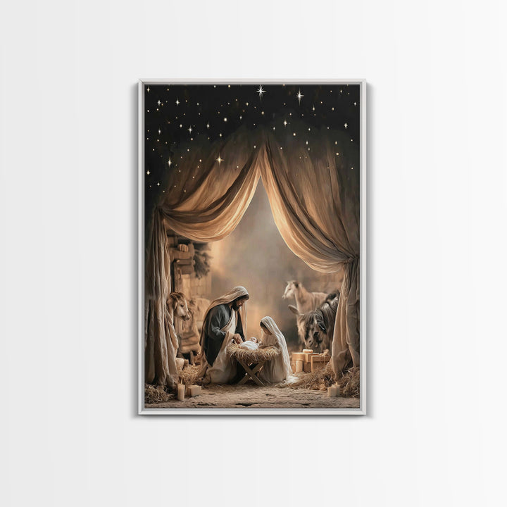 Divine Birth Dawn – Framed Canvas Print – Jesus Christmas Art – Christian Art Canvas – Christmas Wall Art – Christian Gift