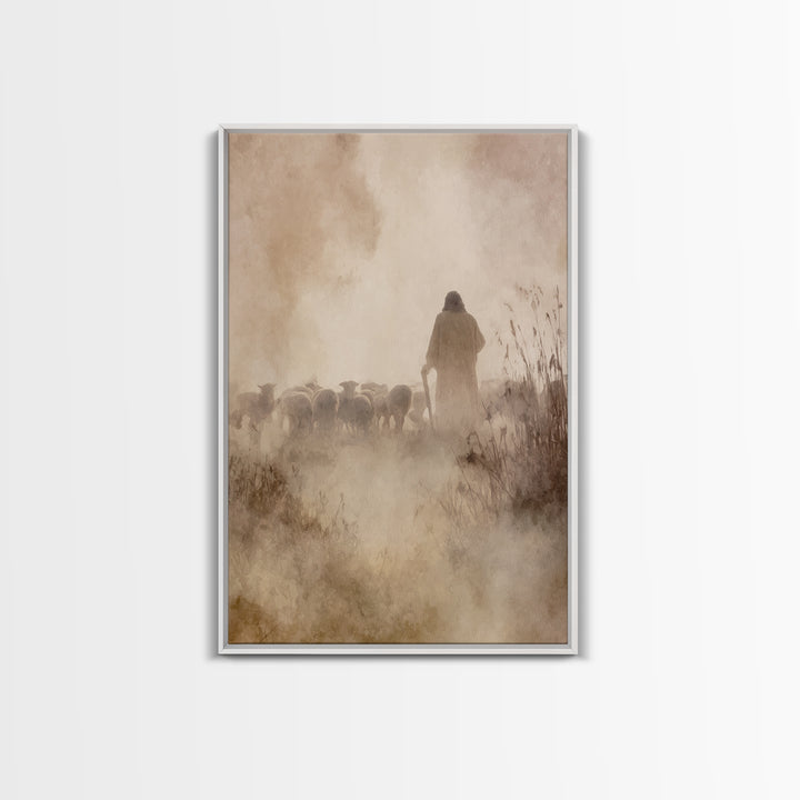Guiding Shepherd Glow – Framed Canvas Print – Christian Art Work – Jesus Art Print – Christian Wall Art – Minimalist Christian Art