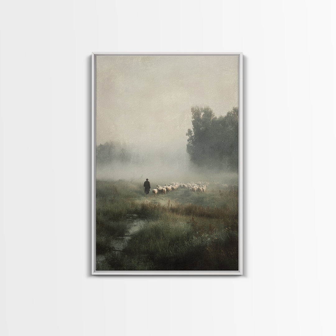 Misty Shepherd Path - Framed Canvas Print - Christian Wall Art - Jesus Painting - Pastoral Scenery - Christian Art Canvas - Faith Art