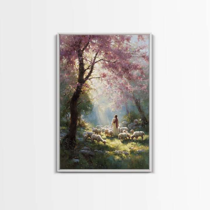 Springtime Shepherd - Framed Canvas Print - Christian Art Canvas - Christian Wall Art - Jesus Painting - Floral Christian Art - Christian D