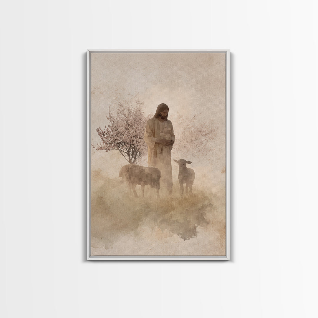 Soft Shepherd Glow - Framed Canvas Print - Christian Art Canvas - Christian Wall Art - Jesus Painting - Minimalist Christian Art - Faith Ar