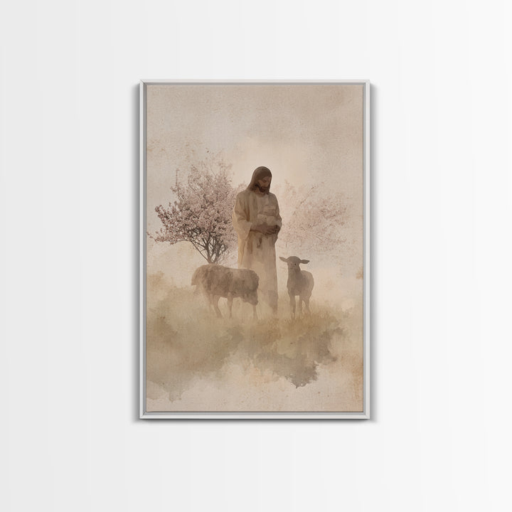 Soft Shepherd Glow - Framed Canvas Print - Christian Art Canvas - Christian Wall Art - Jesus Painting - Minimalist Christian Art - Faith Ar