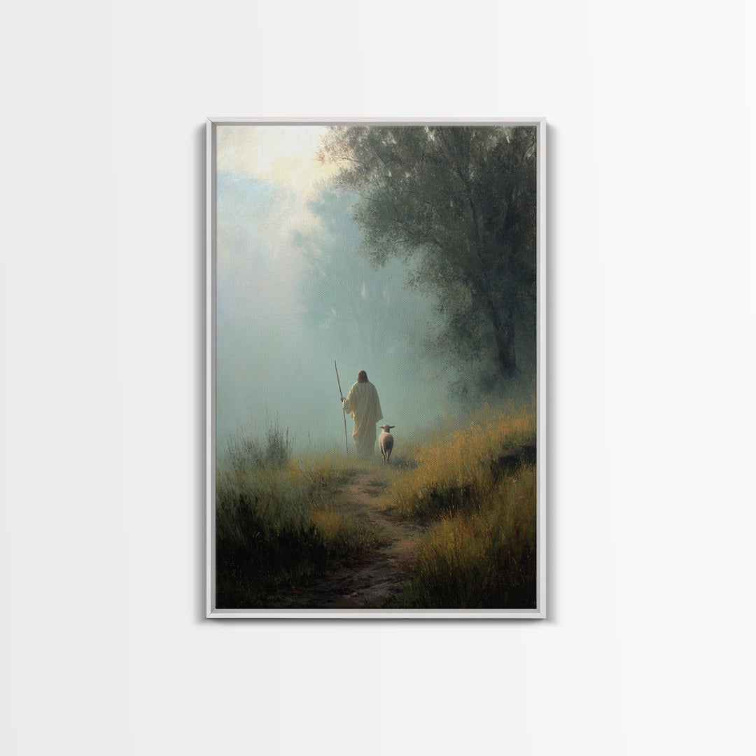 Misty Guide – Framed Canvas Print – Christian Art Canvas – Christian Wall Art – Jesus Painting – Pastoral Scenery – Christian Gift