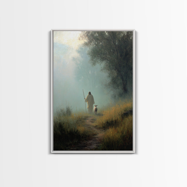 Misty Guide – Framed Canvas Print – Christian Art Canvas – Christian Wall Art – Jesus Painting – Pastoral Scenery – Christian Gift