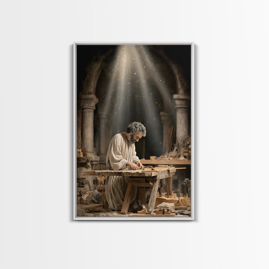 Humble Workshop Light, Framed Canvas Print, Christian Art Canvas, Jesus Painting, Christian Wall Art, Christian Decor, Christmas Art