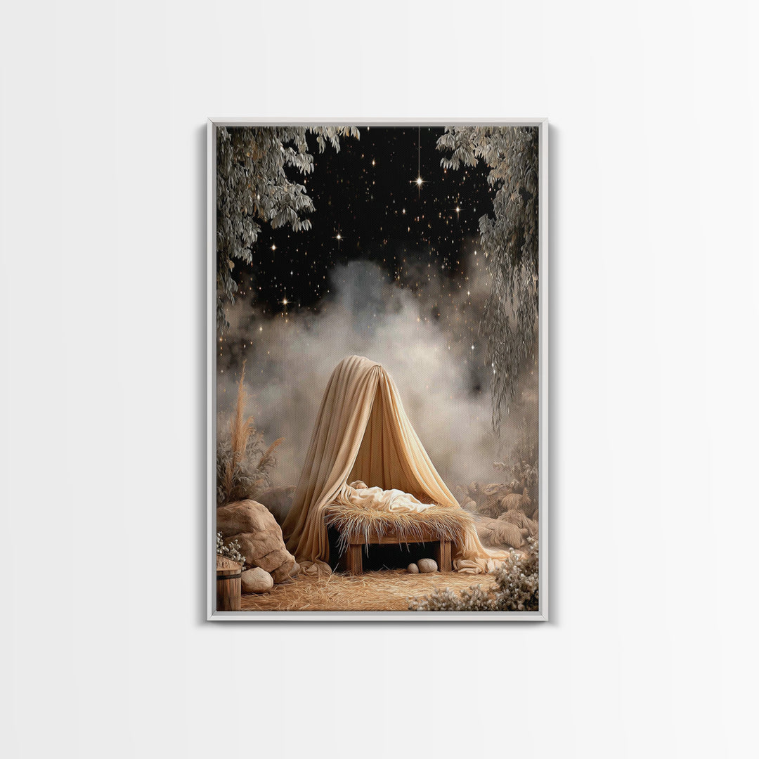 Guiding Star Cradle – Framed Canvas Print – Christian Wall Art – Jesus Painting – Christmas Art – Christian Christmas Decor – Christian Art