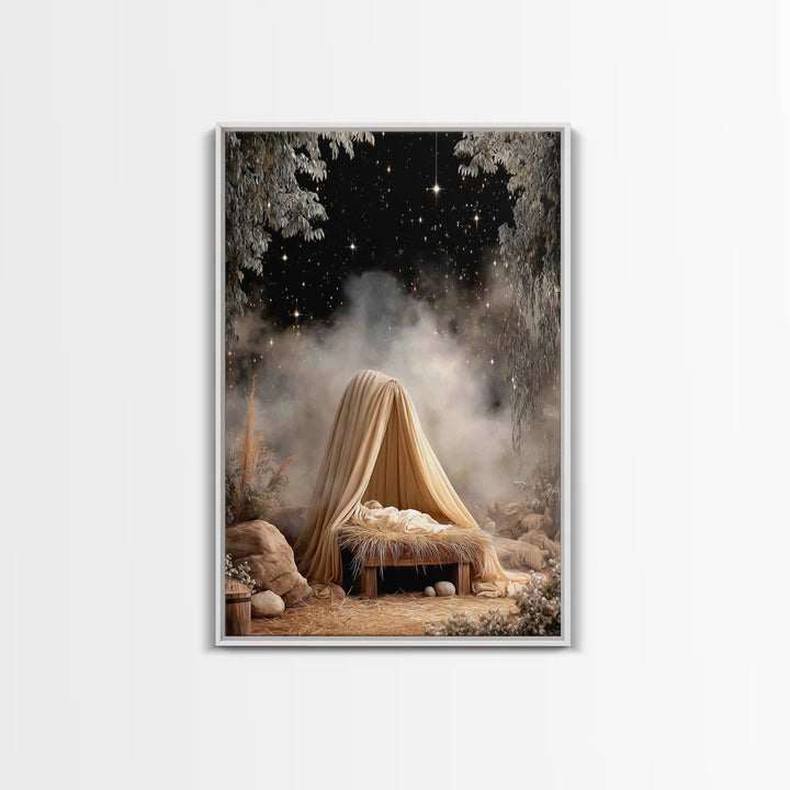 Guiding Star Cradle – Framed Canvas Print – Christian Wall Art – Jesus Painting – Christmas Art – Christian Christmas Decor – Christian Art