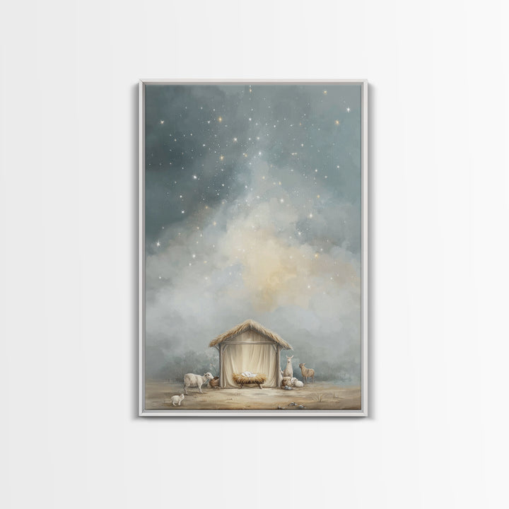 Heavenly Night Shelter – Framed Canvas Print – Christian Wall Art – Christian Christmas Art – Jesus Painting – Modern Christian Art – Chris