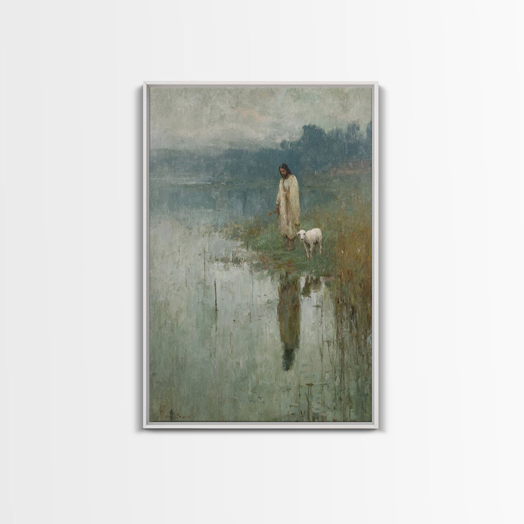 Gentle Lake Shepherd – Framed Canvas Print – Christian Art Canvas – Jesus Painting – Christian Wall Art – Vintage Christian Art – Christian