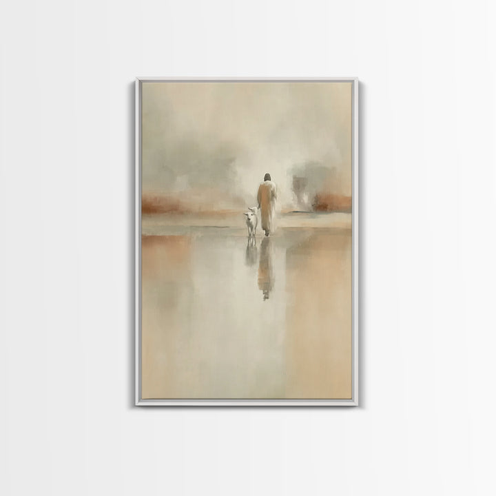 Silent Meadow Walk – Framed Canvas Print – Christian Art Print – Jesus Painting – Modern Christian Art – Pastoral Scenery – Christian Chris