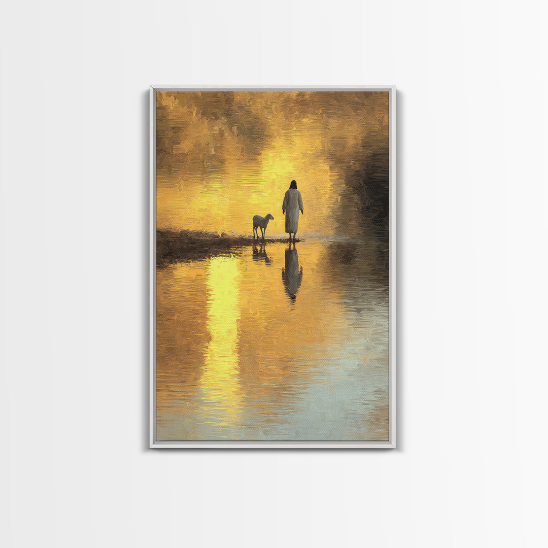 Shepherd’s Dawnlight – Framed Canvas Print – Jesus Painting – Christian Wall Art – Modern Christian Art – Christian Art Canvas – Christmas