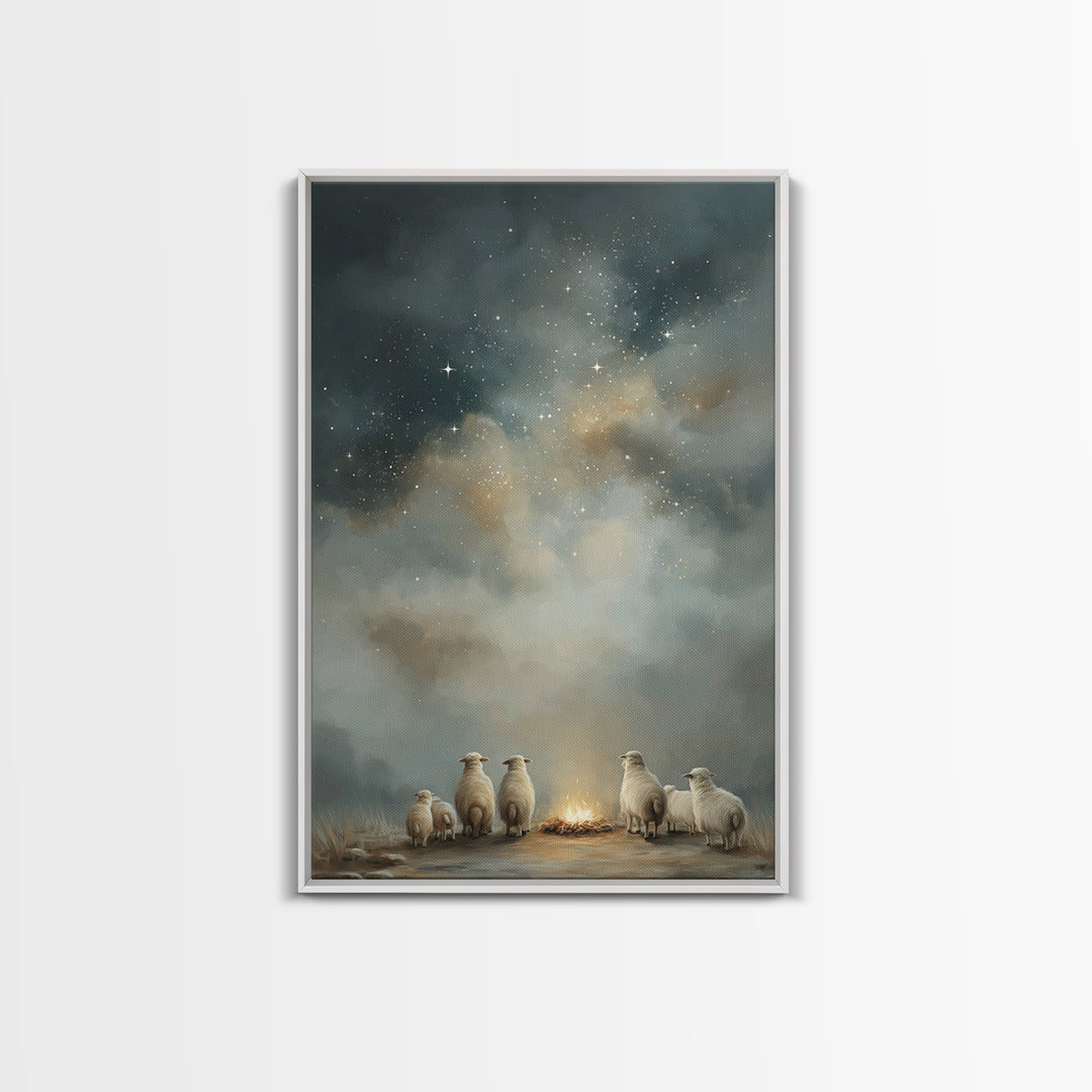 Starry Night Flock – Framed Canvas Print – Christmas Art – Christian Art Canvas – Christian Wall Art – Folk Art Christmas – Christian Chris