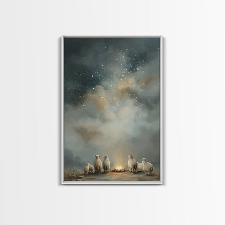 Starry Night Flock – Framed Canvas Print – Christmas Art – Christian Art Canvas – Christian Wall Art – Folk Art Christmas – Christian Chris