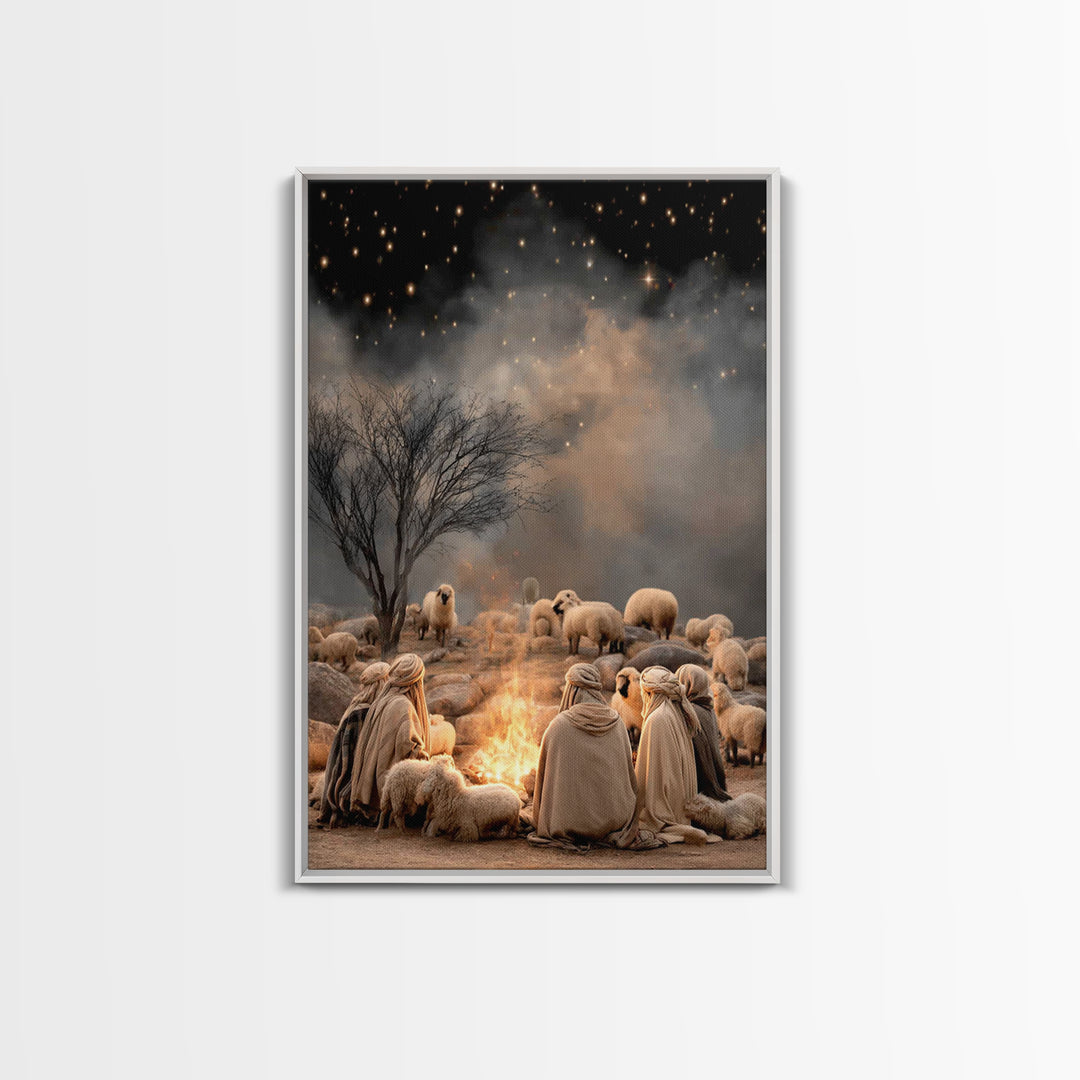 Shepherds By Fire – Framed Canvas Print – Christian Christmas Art – Christian Art Canvas – Christmas Wall Art – Christian Art – Vintage Chr