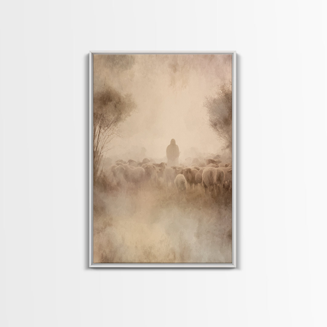 Shepherd’s Dawn – Framed Canvas Print – Christian Wall Art – Jesus Painting – Christian Art Canvas – Pastoral Scenery – Christian Christmas