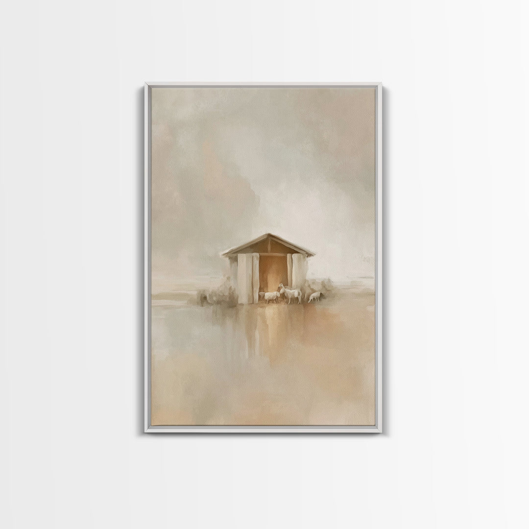 Quiet Manger Light, Framed Canvas Print, Christmas Wall Art, Christian Art Print, Minimalist Christian Art, Christian Christmas Art, Christ